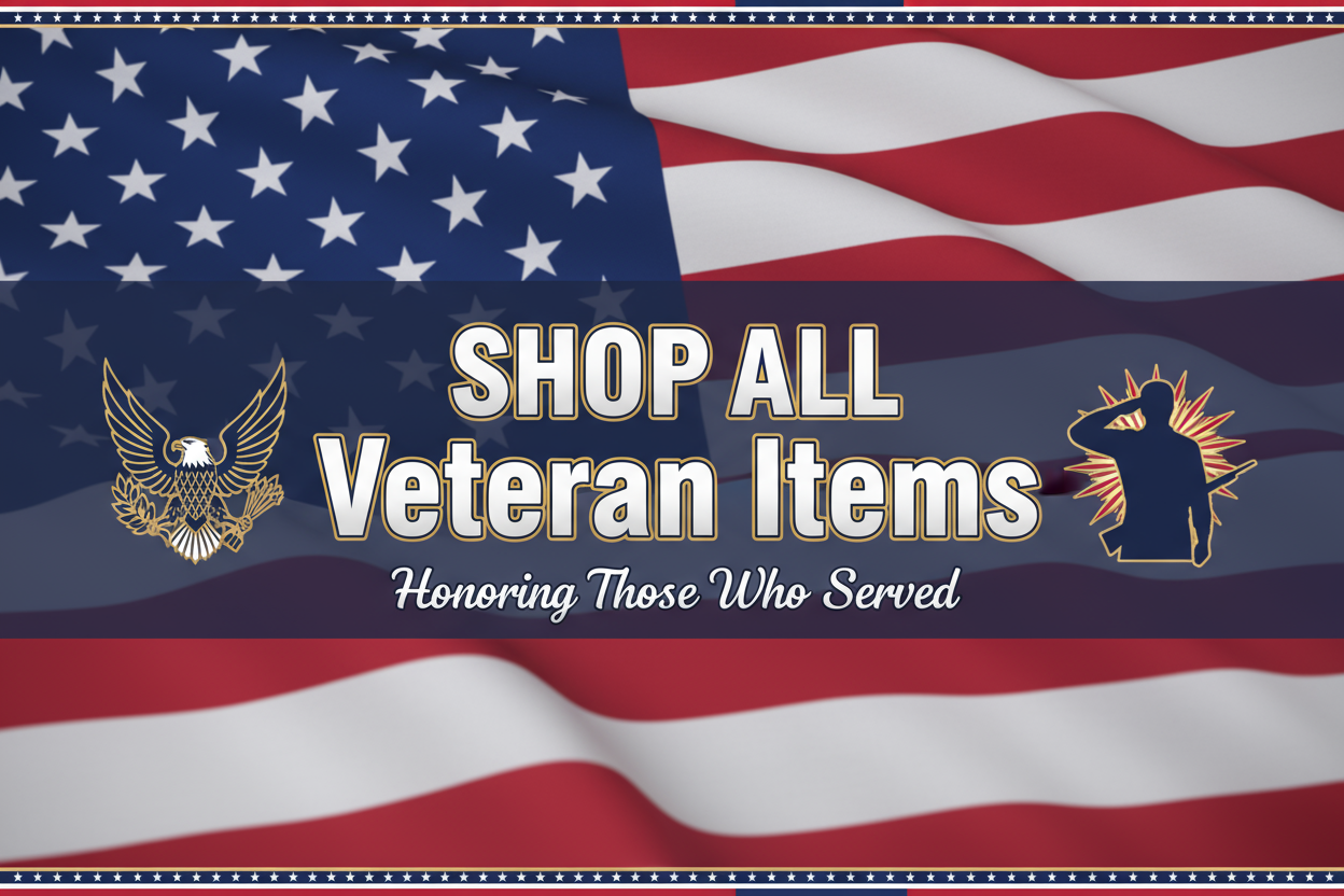 Create an image that says SHOP ALL Veteran Items with a patriotic scene