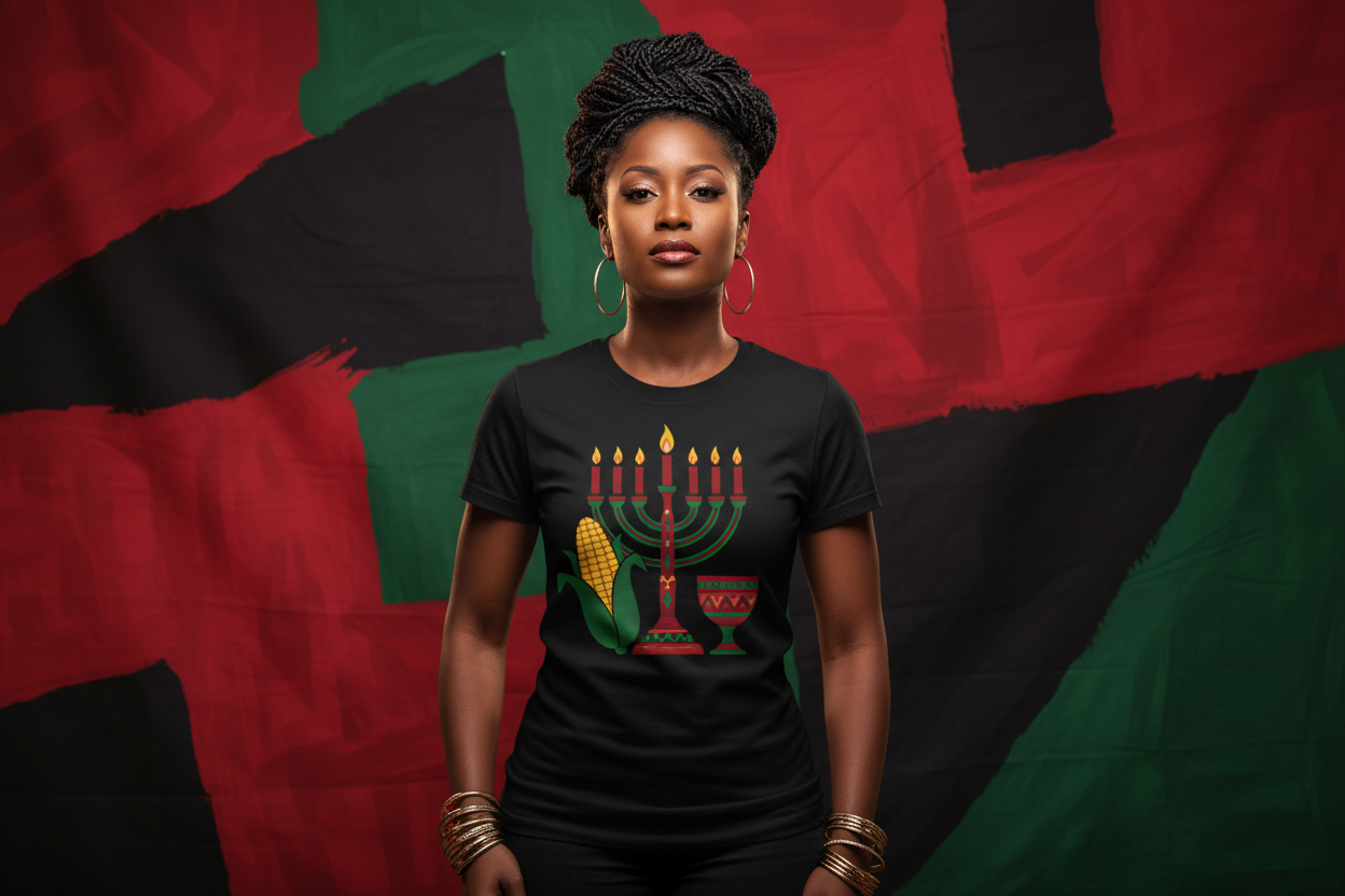 create an image with a lady standing with kwanza colors in the background with a black t shirt and a kwanza design on it 
